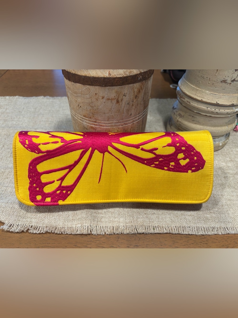 Shiraleah Embroidered Butterfly Clutch Yellow Pink